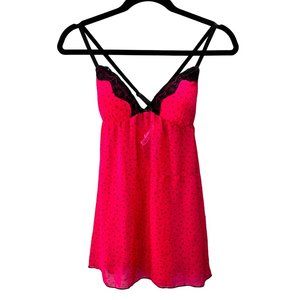 Gilligan OMalley Babydoll Nightie Slip Dress size XS Fuchsia Pink Black Polka Do